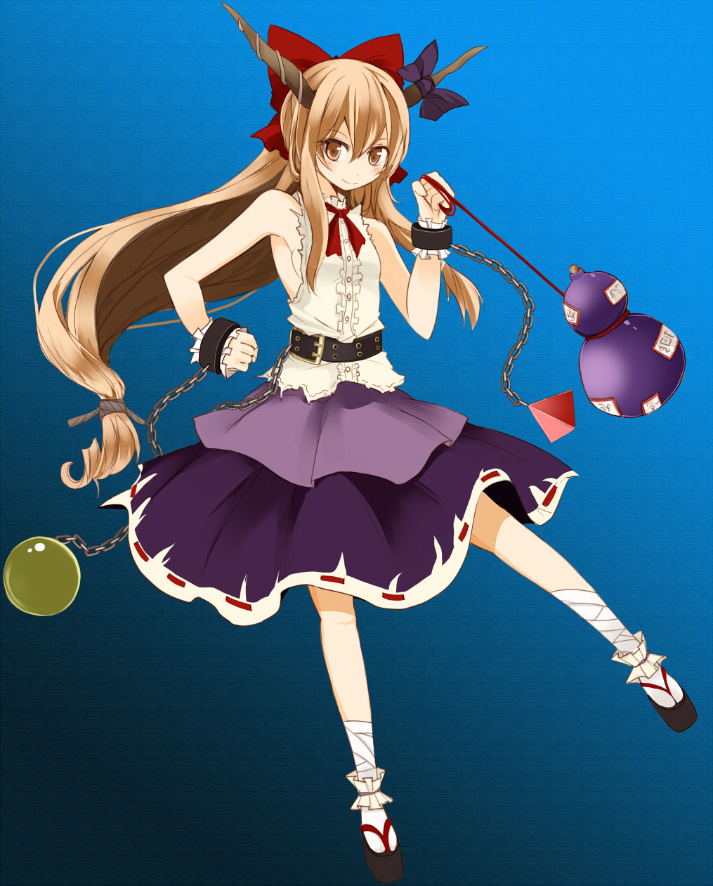 takaharu, ibuki suika, touhou, highres, 1girl, belt, blue background, bobby socks, bow, female focus, geta, hair bow, horns, layered skirt, long hair, looking at viewer, oni, purple skirt, red bow, simple background, skirt, socks, solo, tabi, very long hair, white socks