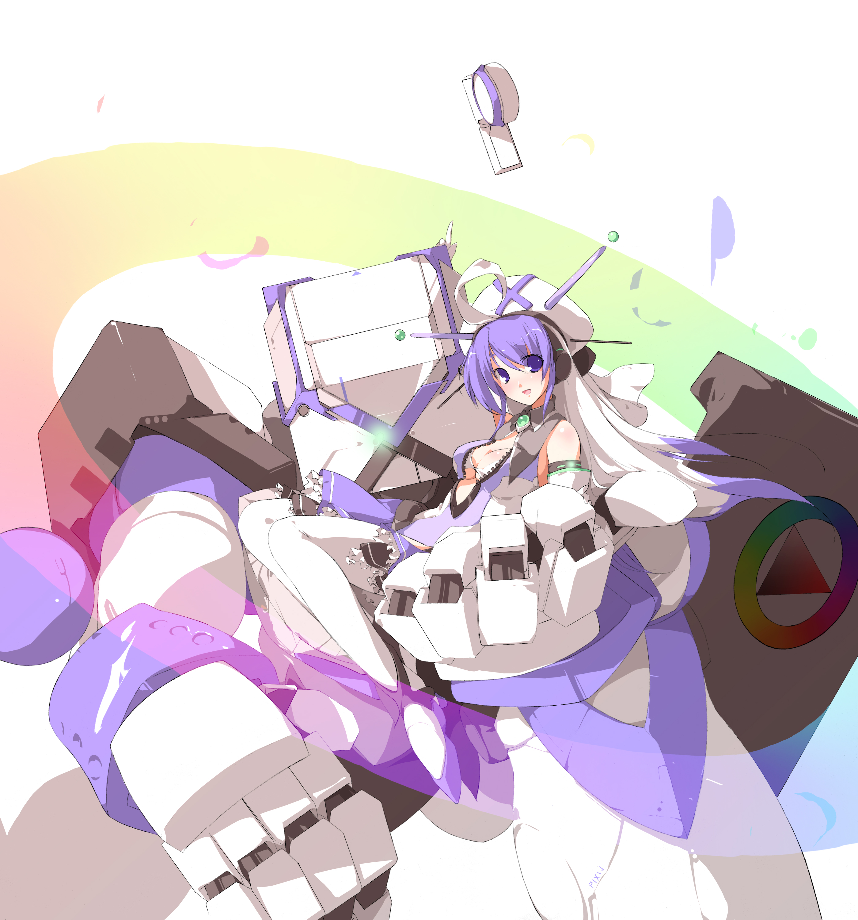 sakura sora, pixiv-tan, pixiv, absurdres, bad id, bad pixiv id, highres, 1girl, ahoge, blue eyes, blush, breasts, cleavage, dress, female focus, frills, hat, holding, long hair, mecha, medium breasts, multicolored hair, robot, solo, zipper
