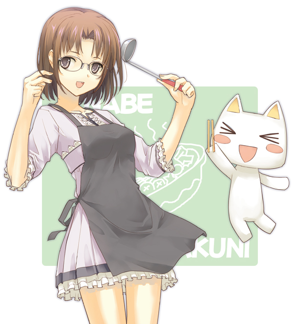 dasoku sentarou, original, > <, 1girl, :d, apron, bare legs, blush, brown hair, closed eyes, cowboy shot, female focus, glasses, looking at viewer, open mouth, pointy ears, simple background, smile, solo, thighs, white background