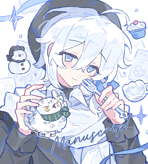 original, 1boy, ahoge, bird, blue eyes, cake, food, fork, hat, holding, holding fork, long sleeves, looking at viewer, male focus, scarf, shirt, shuangtangsonji, solo, watermark, white hair
