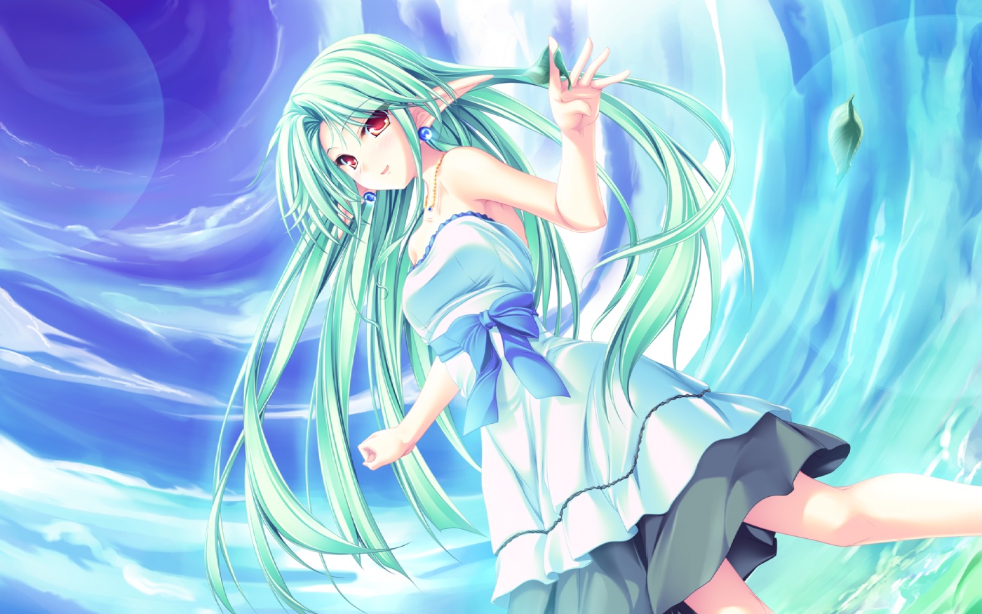 tenmaso, cecile absentia, magus tale, day, dress, green hair, long hair, pointy ears, red eyes, sky, solo