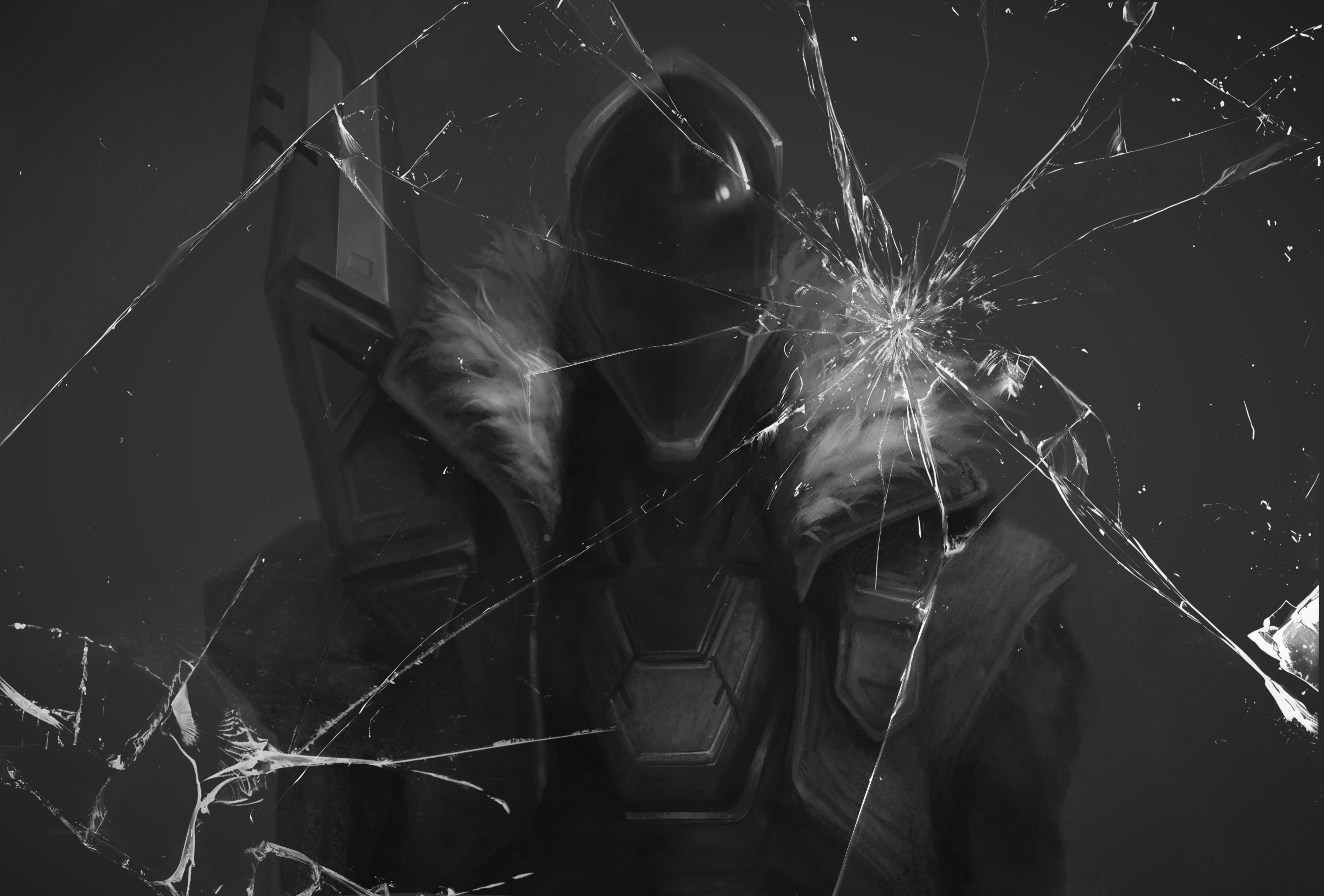 lyinglynx, jhin, project: jhin, league of legends, absurdres, commentary, highres, symbol-only commentary, 1boy, broken glass, fur trim, glass, greyscale, male focus, mask, monochrome, solo, upper body