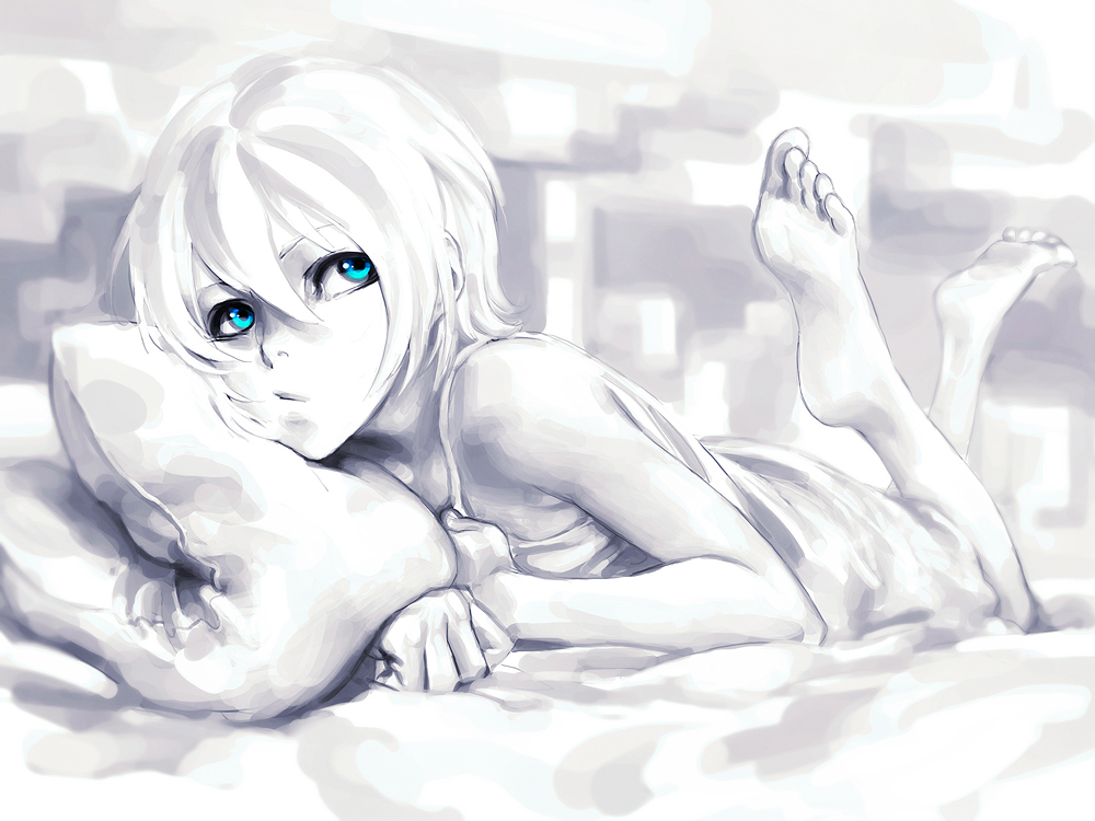 iwai ryou, original, looking away, 1girl, barefoot, blue eyes, chemise, feet, female focus, lying, monochrome, on stomach, pale color, pillow, short hair, soles, solo, spot color, toes, white theme