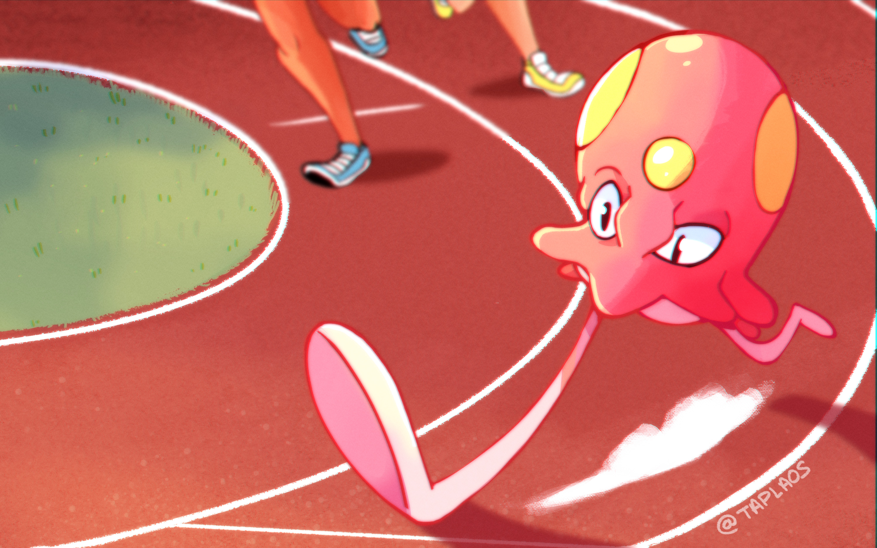 taplaos, toedscool, nintendo, pokemon, highres, 2others, artist name, colored skin, day, multiple others, outdoors, pink skin, pokemon (creature), running, shoes, sneakers, solo focus