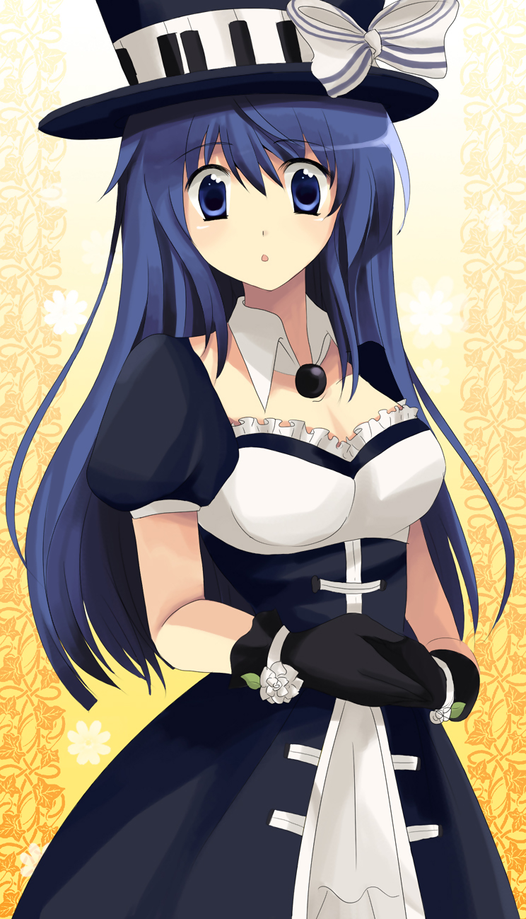 arin (pangya), pangya, highres, blue eyes, blue hair, dress, flower, hat, long hair, music, ribbon, solo