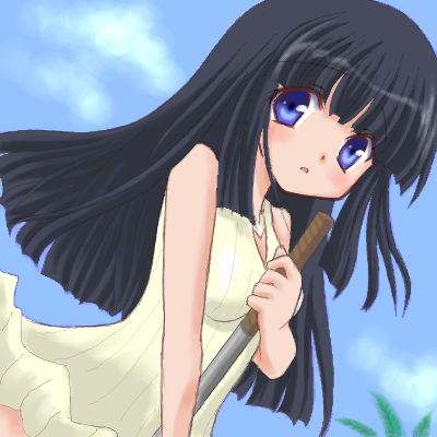 arin (pangya), pangya, lowres, black hair, blue eyes, blush, chibi, dress, long hair, solo