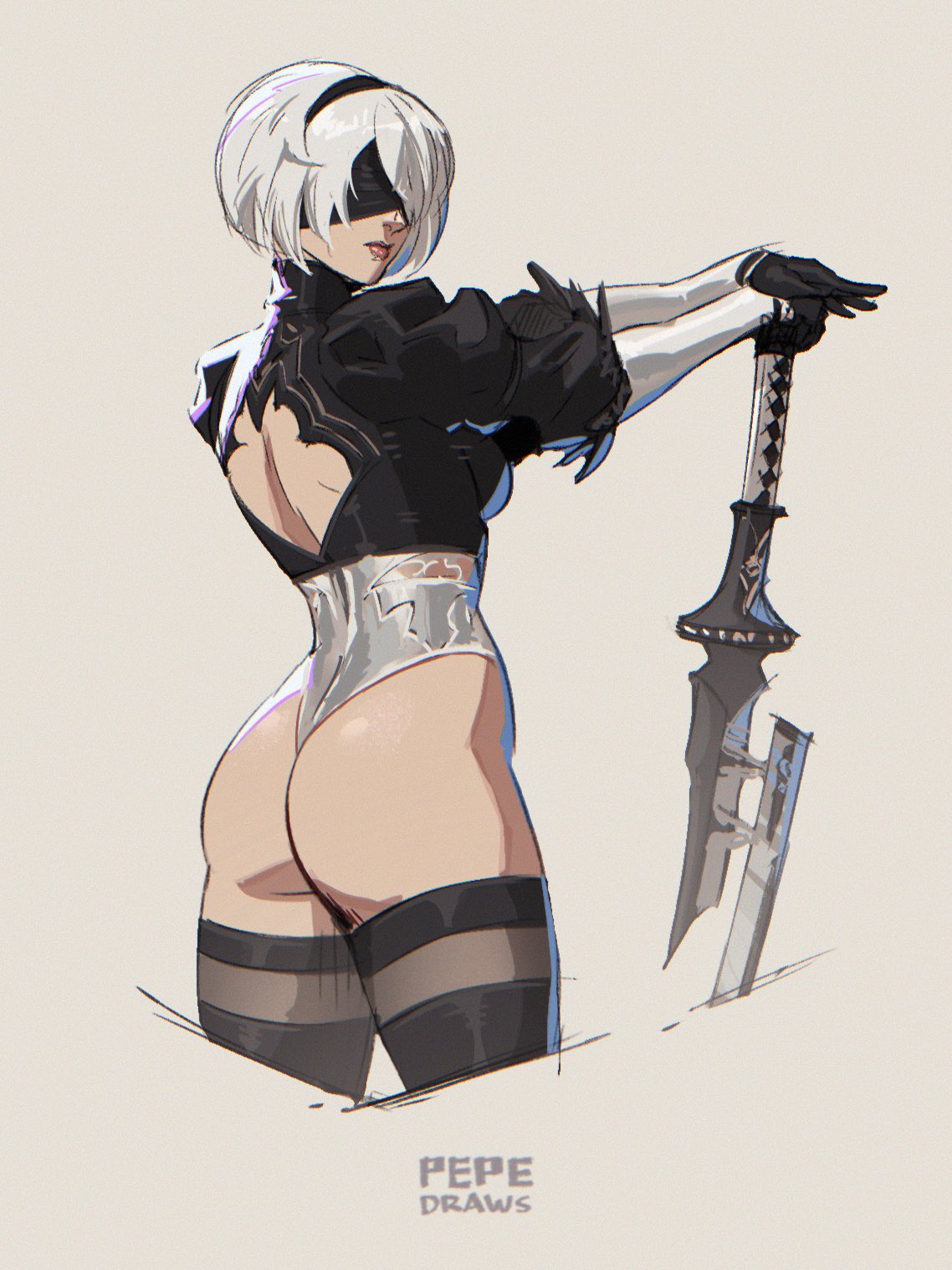 pepedraws, 2b (nier:automata), nier:automata, nier (series), highres, 1girl, ass, back cutout, black gloves, black hairband, black thighhighs, blindfold, boots, breasts, clothing cutout, covered eyes, feather-trimmed sleeves, feather trim, from behind, gloves, hairband, juliet sleeves, leotard, long sleeves, mole, mole under mouth, puffy sleeves, short hair, solo, thighhighs, thighhighs under boots, weapon, white hair, white leotard