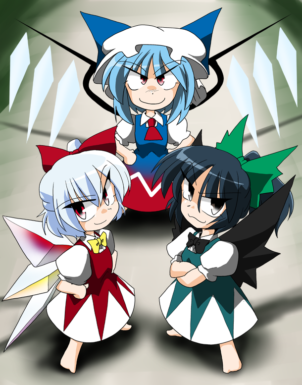 kieyza, cirno, flandre scarlet, reiuji utsuho, shinki (touhou), mystic square, touhou, touhou (pc-98), >:), >:3, 3girls, :3, barefoot, black hair, black wings, blue hair, bow, chibi, cosplay, female focus, hair bow, hat, if they mated, mob cap, multiple girls, red eyes, smile, v-shaped eyebrows, wings