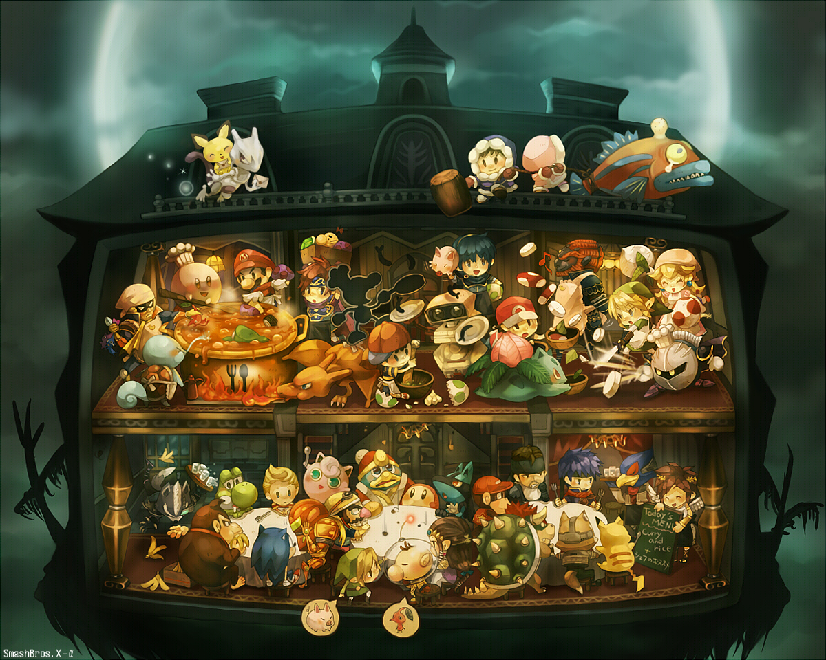 rob, sui (petit comet), bowser, captain falcon, charizard, cook kirby, diddy kong, donkey kong, falco lombardi, family computer robot, fox mccloud, ganondorf, ice climbers, ike (fire emblem), ivysaur, jigglypuff, king dedede, kirby, koopa, link, lucario, lucas (mother 3), luigi, mario, marth (fire emblem), meta knight, mewtwo, mr. game & watch, nana (ice climber), ness (mother 2), olimar, pichu, pikachu, pit (kid icarus), popo (ice climber), princess peach, princess zelda, red (pokemon), red (pokemon frlg), roy (fire emblem), samus aran, solid snake, sonic the hedgehog, squirtle, toad (mario), toon link, waddle dee, wario, wolf o'donnell, yoshi, donkey kong (series), donkey kong country, f-zero, fire emblem, fire emblem: mystery of the emblem, fire emblem: path of radiance, game & watch, ice climber, kid icarus, kirby (series), luigi's mansion, mario (series), metal gear (series), metal gear solid, metroid, mother (series), mother 2, mother 3, nintendo, pikmin (series), pokemon, pokemon frlg, sonic (series), star fox, super smash bros., the legend of zelda, warioware, annotated, annotation request, 00s, 4girls, 6+boys, apron, banana, bracer, chef, chef hat, chibi, child, cooking, cross-section, death, epic, everyone, fish, food, fruit, gen 1 pokemon, gen 2 pokemon, gen 4 pokemon, hat, legendary pokemon, monkey, multiple boys, multiple girls, pig, pikmin (creature), pointy ears, pokemon (creature), power suit (metroid), varia suit, weapon