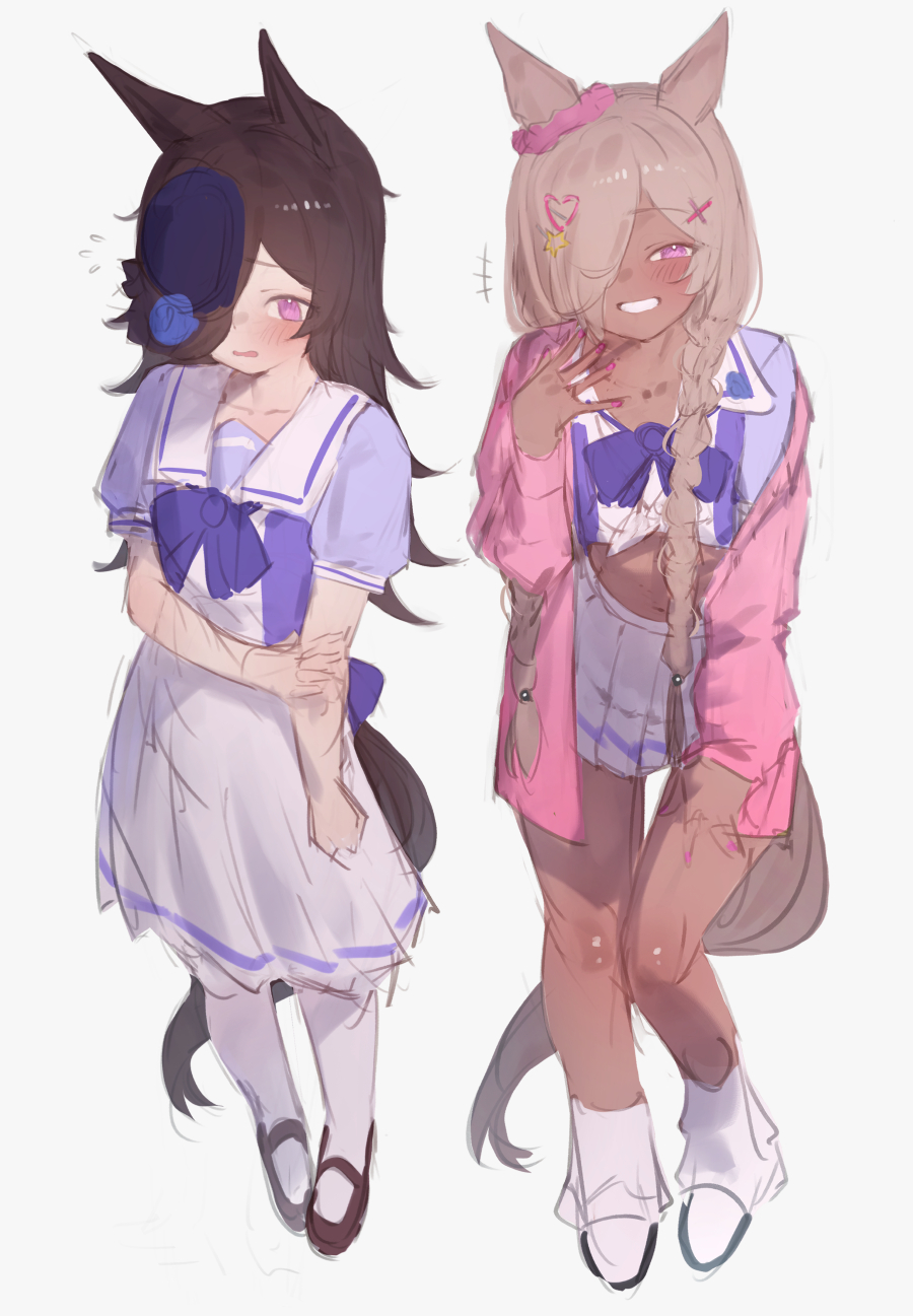 xaea xp, rice shower (umamusume), umamusume, highres, 1girl, animal ears, blonde hair, blue flower, blue hat, blue rose, blush, brown hair, cardigan, dark-skinned female, dark skin, ear ornament, flipped hair, flower, flying sweatdrops, gyaru, hair ornament, hair over one eye, hat, hat flower, heart, heart hair ornament, horse ears, horse girl, horse tail, long hair, looking at viewer, midriff, multiple views, open mouth, pink cardigan, purple eyes, purple shirt, rose, sailor collar, school uniform, shirt, simple background, sketch, skirt, smile, tail, tan, thighhighs, tied shirt, tilted headwear, tracen school uniform, white background, white sailor collar, white skirt, white thighhighs, x hair ornament