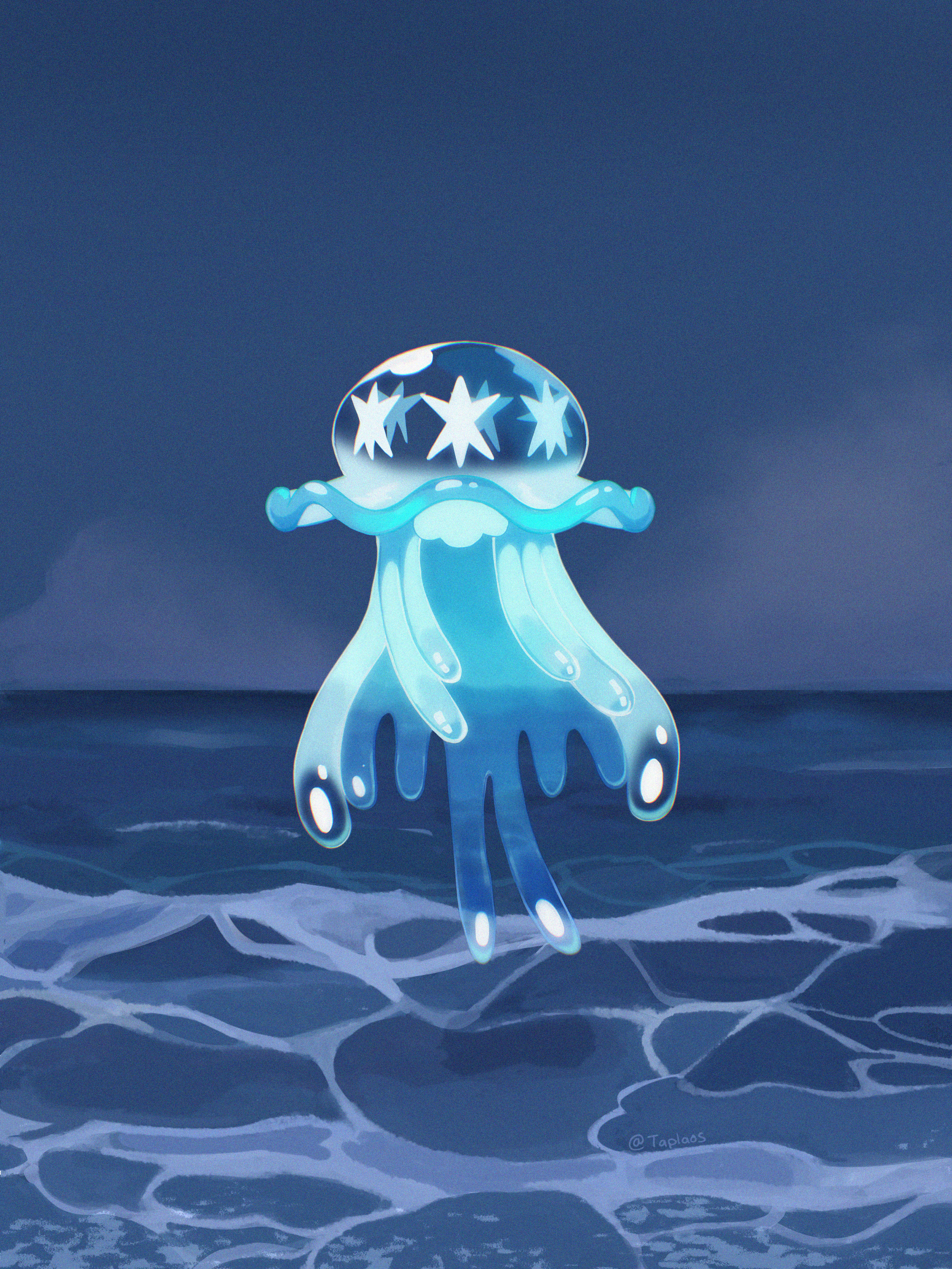 taplaos, nihilego, nintendo, pokemon, absurdres, highres, gen 7 pokemon, night, no humans, outdoors, pokemon (creature), solo, ultra beast, water