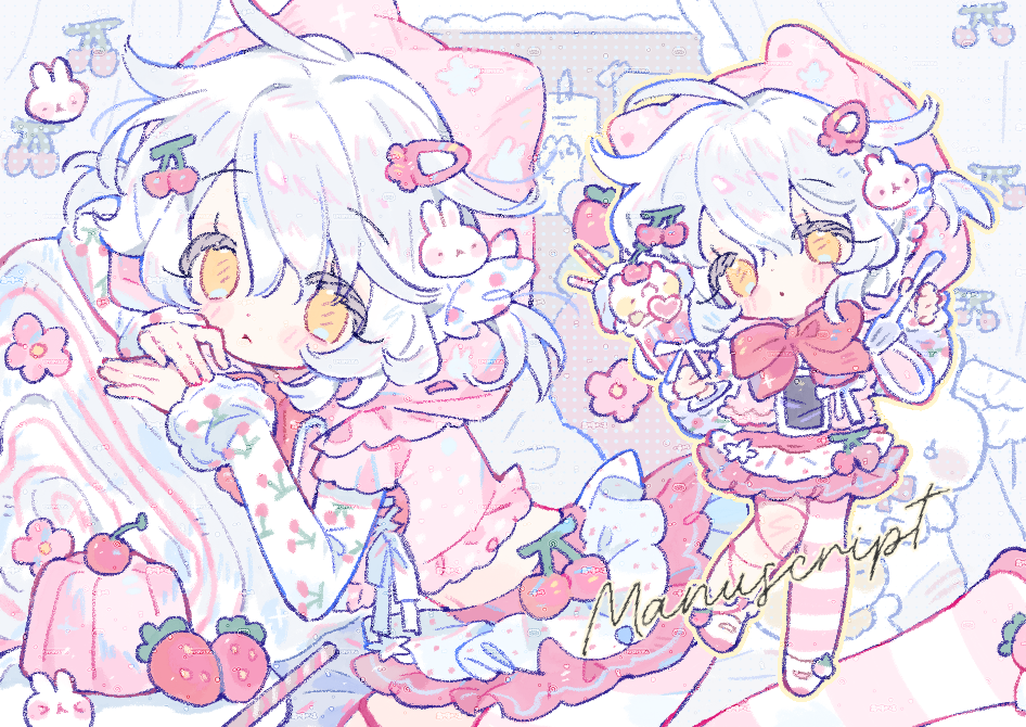 original, 2girls, blush, bow, cherry, food, food-themed hair ornament, frills, fruit, hair ornament, hood, ice cream, long sleeves, looking at viewer, multiple girls, pastel colors, rabbit hair ornament, shuangtangsonji, skirt, spoon, strawberry, white hair, yellow eyes
