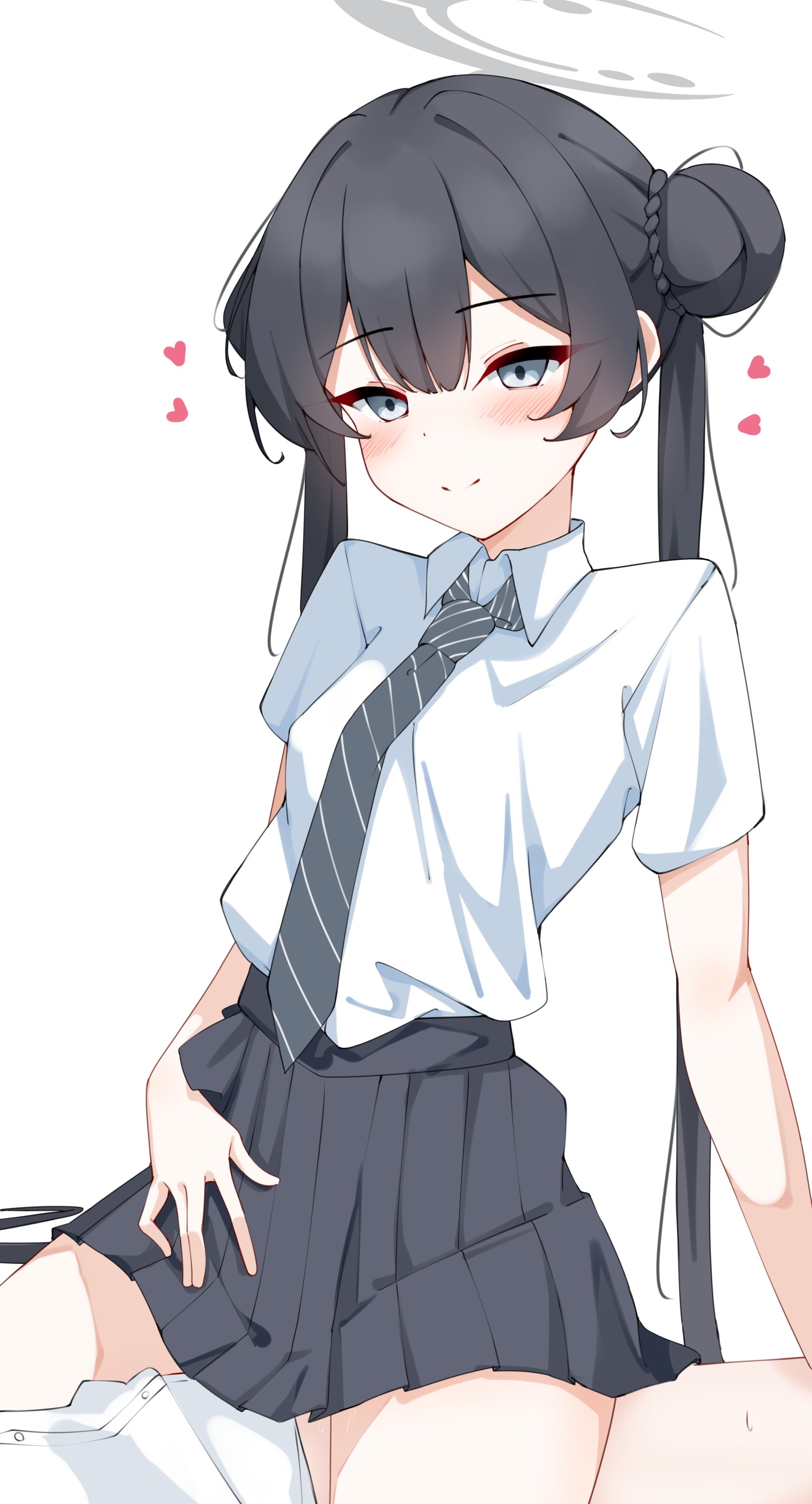 kabocya na, kisaki (blue archive), kisaki (school uniform) (blue archive), blue archive, absurdres, highres, black hair, blush, double bun, grey eyes, hair bun, halo, heart, looking at viewer, necktie, shirt, skirt, white background, white shirt