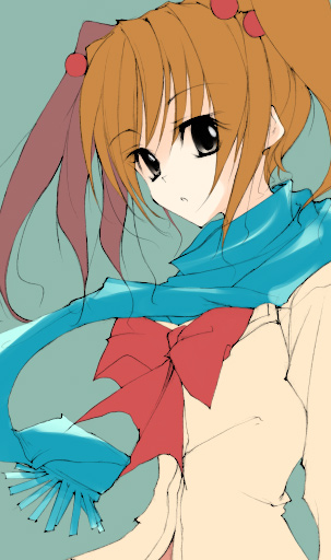 yudesoba, bow, brown hair, long hair, oekaki, scarf, solo, twintails