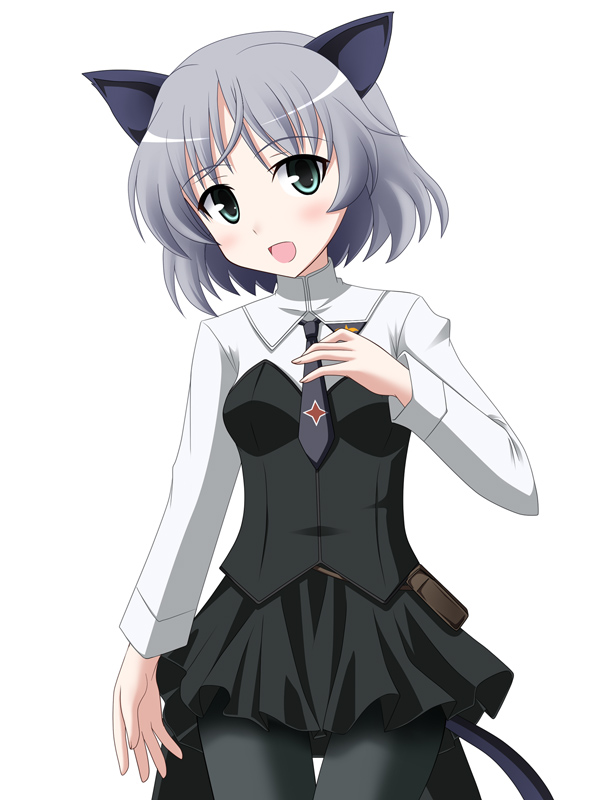 hyokkori tamago, sanya v. litvyak, strike witches, world witches series, silver hair, 00s, 1girl, animal ears, black pantyhose, female focus, green eyes, necktie, pantyhose, short hair, solo, tail