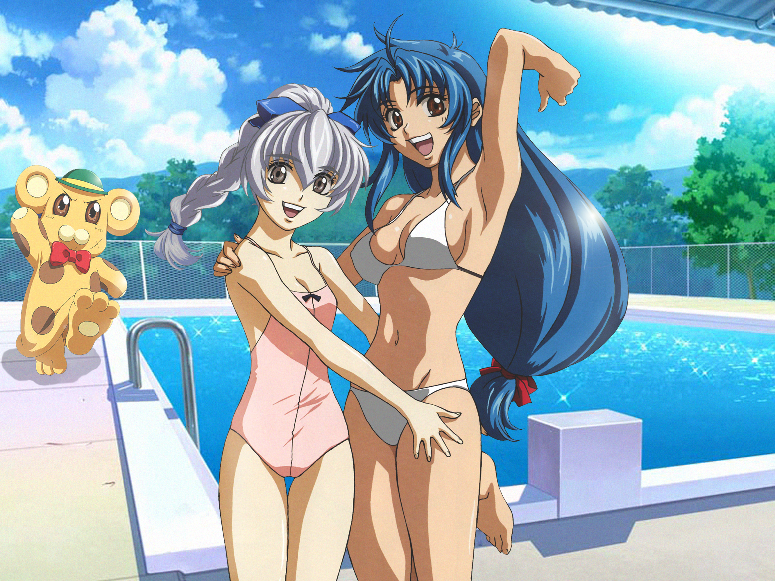 horiuchi osamu, bonta-kun, chidori kaname, teletha testarossa, full metal panic!, silver hair, highres, third-party edit, 00s, 2girls, armpits, barefoot, bikini, blue hair, braid, brown eyes, day, long hair, looking at viewer, low-tied long hair, multiple girls, navel, pool, swimsuit