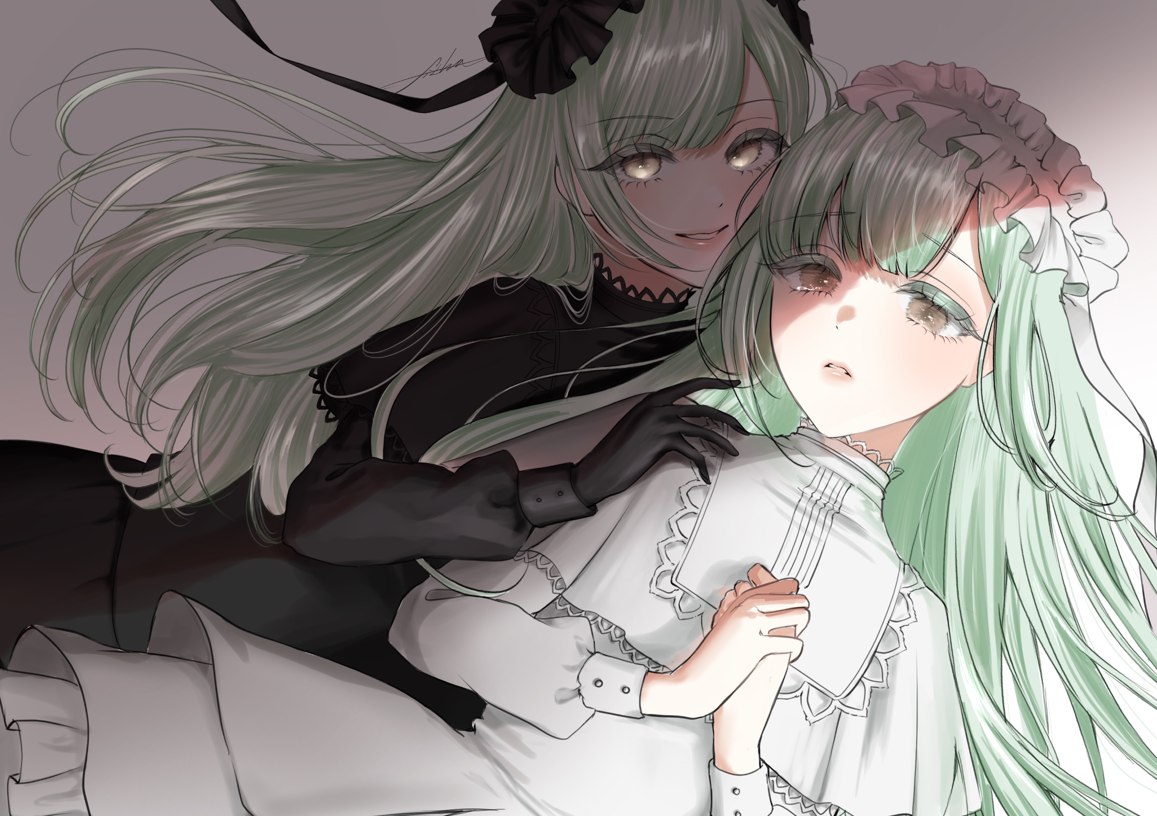 filha, mortis (bang dream!), mortis (persona) (bang dream!), wakaba mutsumi, bang dream!, bang dream! it's mygo!!!!!, commentary, highres, 2girls, alternate costume, artist name, black dress, black gloves, dress, dual persona, gloves, gothic lolita, green hair, grin, lolita fashion, long hair, looking at viewer, multiple girls, own hands together, smile, white dress, yellow eyes