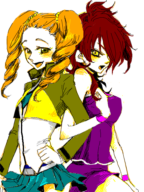 garo (kaku179), maro, mileina vashti, nena trinity, gundam, gundam 00, bad id, bad pixiv id, 00s, 2girls, drill hair, green eyes, jacket, multiple girls, oekaki, orange hair, red hair, shorts, side ponytail, skirt, yellow eyes