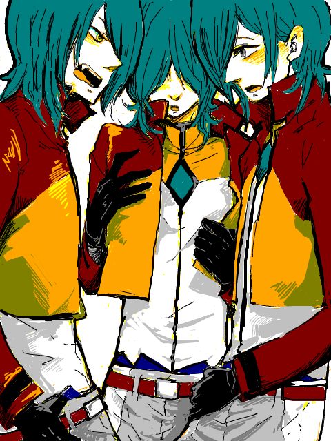 garo (kaku179), maro, allelujah haptism, hallelujah haptism, gundam, gundam 00, bad id, bad pixiv id, 00s, 3boys, belt, blue hair, gloves, jacket, male focus, multiple boys