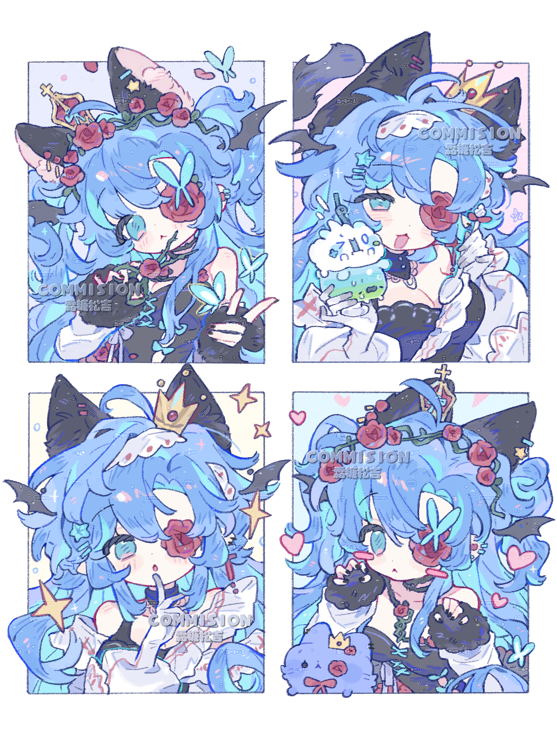 original, highres, 1girl, ahoge, animal ears, black bow, black dress, black gloves, blue eyes, blue hair, blush, bow, breasts, cat ears, choker, cleavage, crown, dress, ear piercing, eyepatch, fingerless gloves, flower, gloves, hair flower, hair ornament, hairband, heart, long hair, looking at viewer, medium breasts, mini crown, multiple views, piercing, red flower, red rose, rose, shuangtangsonji