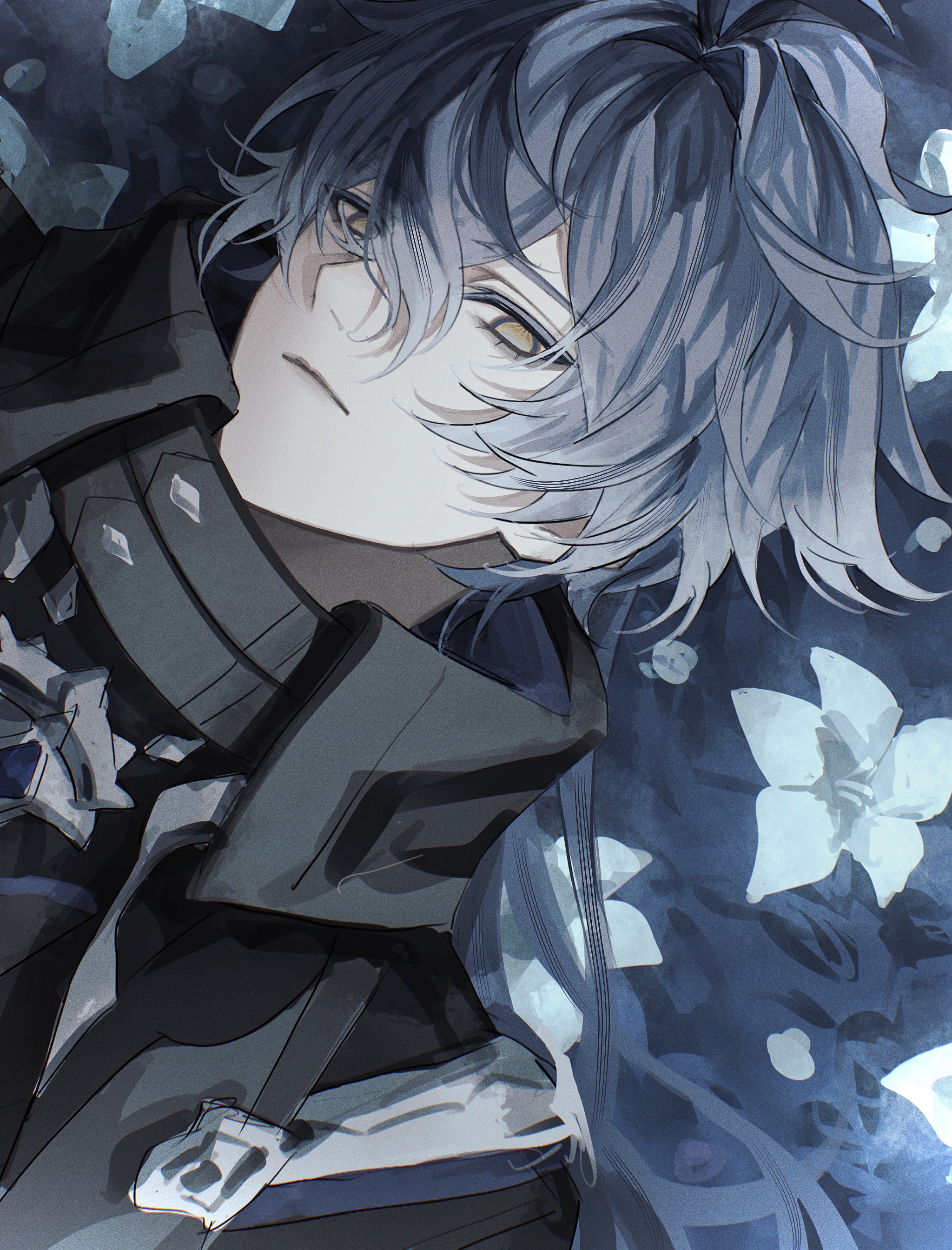 flins (genshin impact), genshin impact, absurdres, bad link, highres, 1boy, blue background, blue hair, flower, fz7047, gradient hair, multicolored hair, solo, yellow eyes