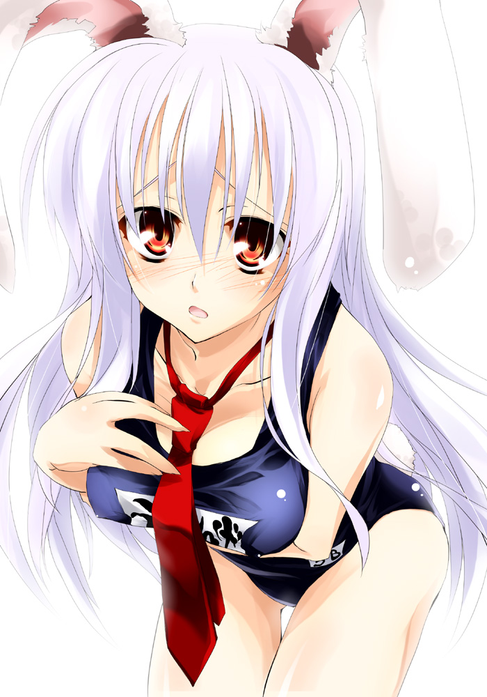 delusion overdose, matsuno canel, reisen udongein inaba, touhou, light purple hair, 1girl, albino, animal ears, blush, female focus, long hair, necktie, one-piece swimsuit, rabbit ears, red eyes, red necktie, school swimsuit, shy, solo, swimsuit, white hair