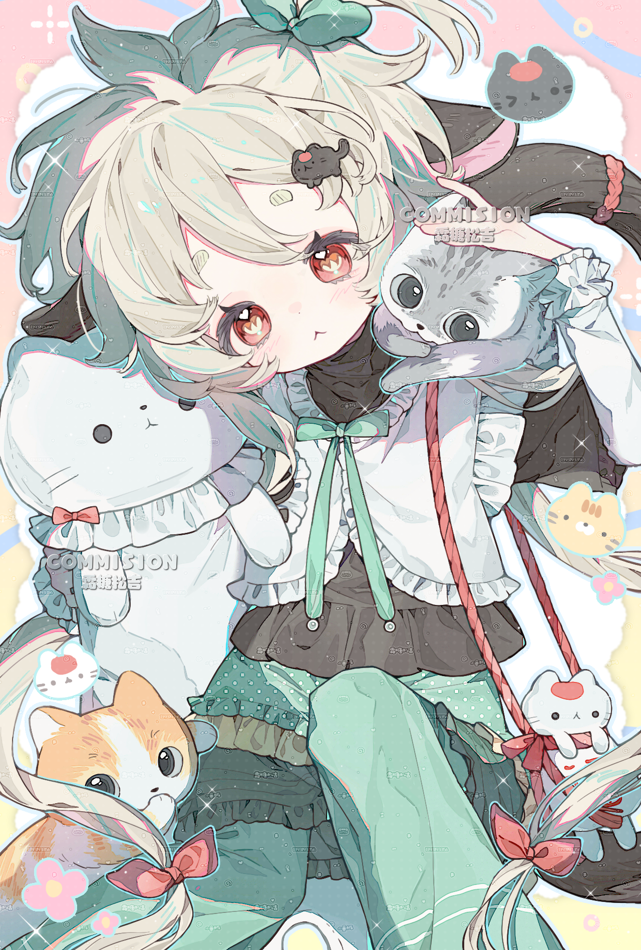 original, highres, 1girl, animal ears, bag, bow, cat, feet out of frame, frills, green pants, hair bow, hair ornament, long hair, long sleeves, looking at viewer, pants, red bow, red eyes, ribbon, shirt, shuangtangsonji, solo, tail