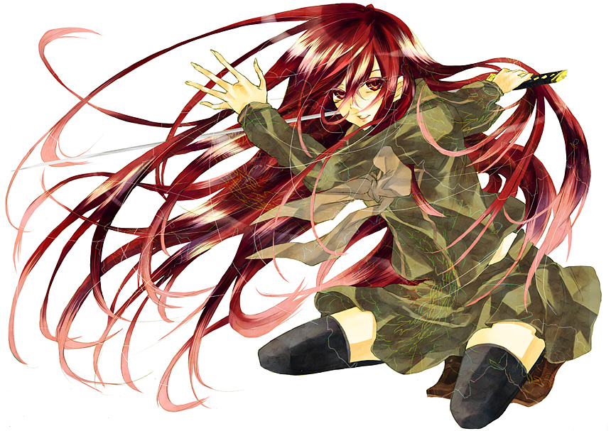 ta eiko, taeko (tao), shana, shakugan no shana, bad id, bad pixiv id, 00s, 1girl, female focus, katana, long hair, red eyes, red hair, school uniform, serafuku, skirt, solo, sword, thighhighs, very long hair, weapon