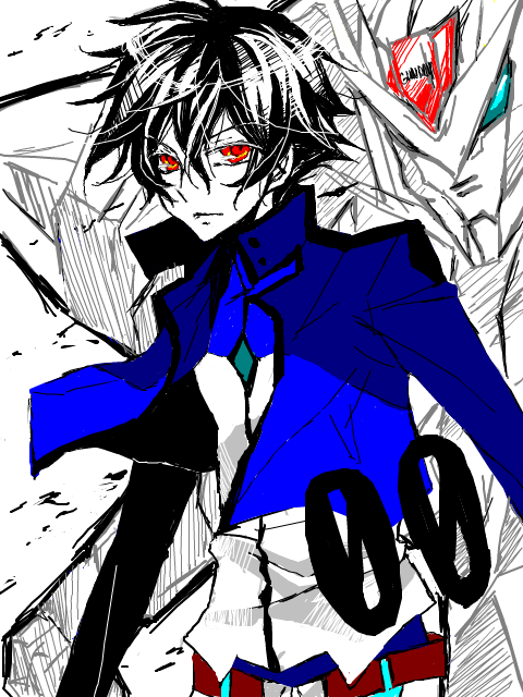 ta eiko, taeko (tao), setsuna f. seiei, gundam, gundam 00, bad id, bad pixiv id, 00s, 1boy, belt, black hair, jacket, male focus, oekaki, red eyes, short hair, solo