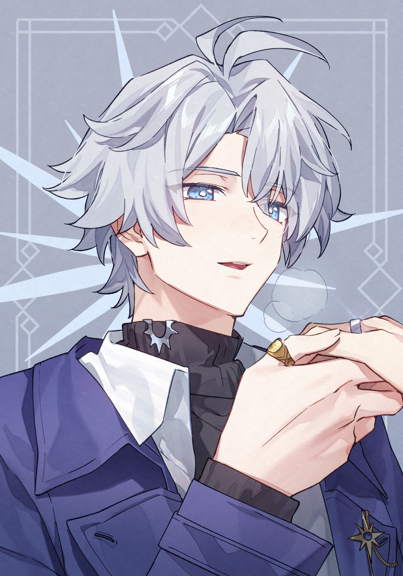 phainon (honkai: star rail), phainon (luckin coffee) (honkai: star rail), honkai: star rail, honkai (series), chinese commentary, commentary request, highres, 1boy, antenna hair, black sweater, blue coat, blue eyes, coat, collared shirt, ededdsed, gold ring, holding hands, male focus, official alternate costume, parted bangs, shirt, short hair, solo, sweater, turtleneck, turtleneck sweater, white hair, white shirt