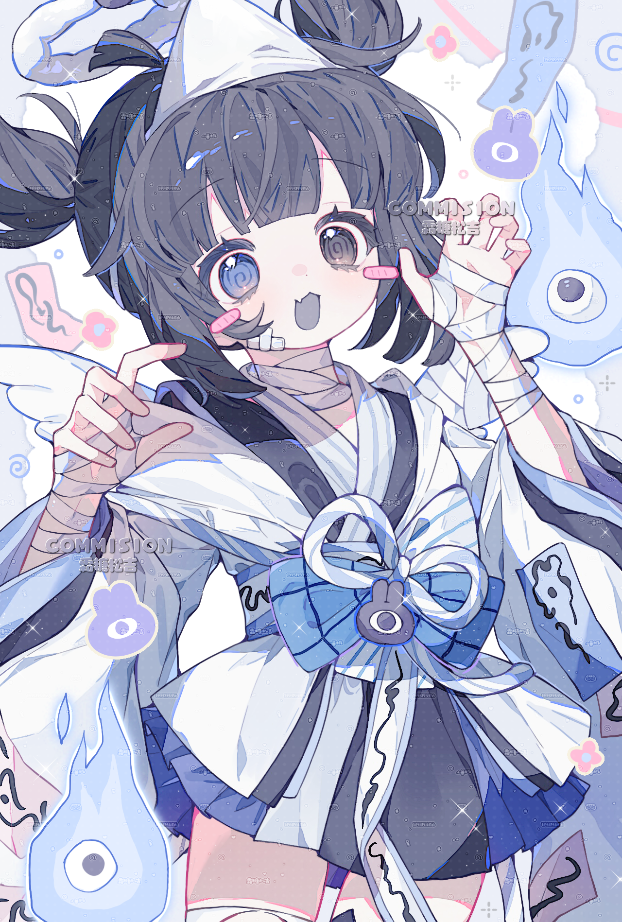 original, highres, 1girl, bandaged arm, bandaged leg, bandages, black eyes, black hair, blue eyes, blush stickers, bow, claw pose, double bun, fang, ghost, hair bun, heterochromia, japanese clothes, looking at viewer, open mouth, shuangtangsonji, skin fang, solo