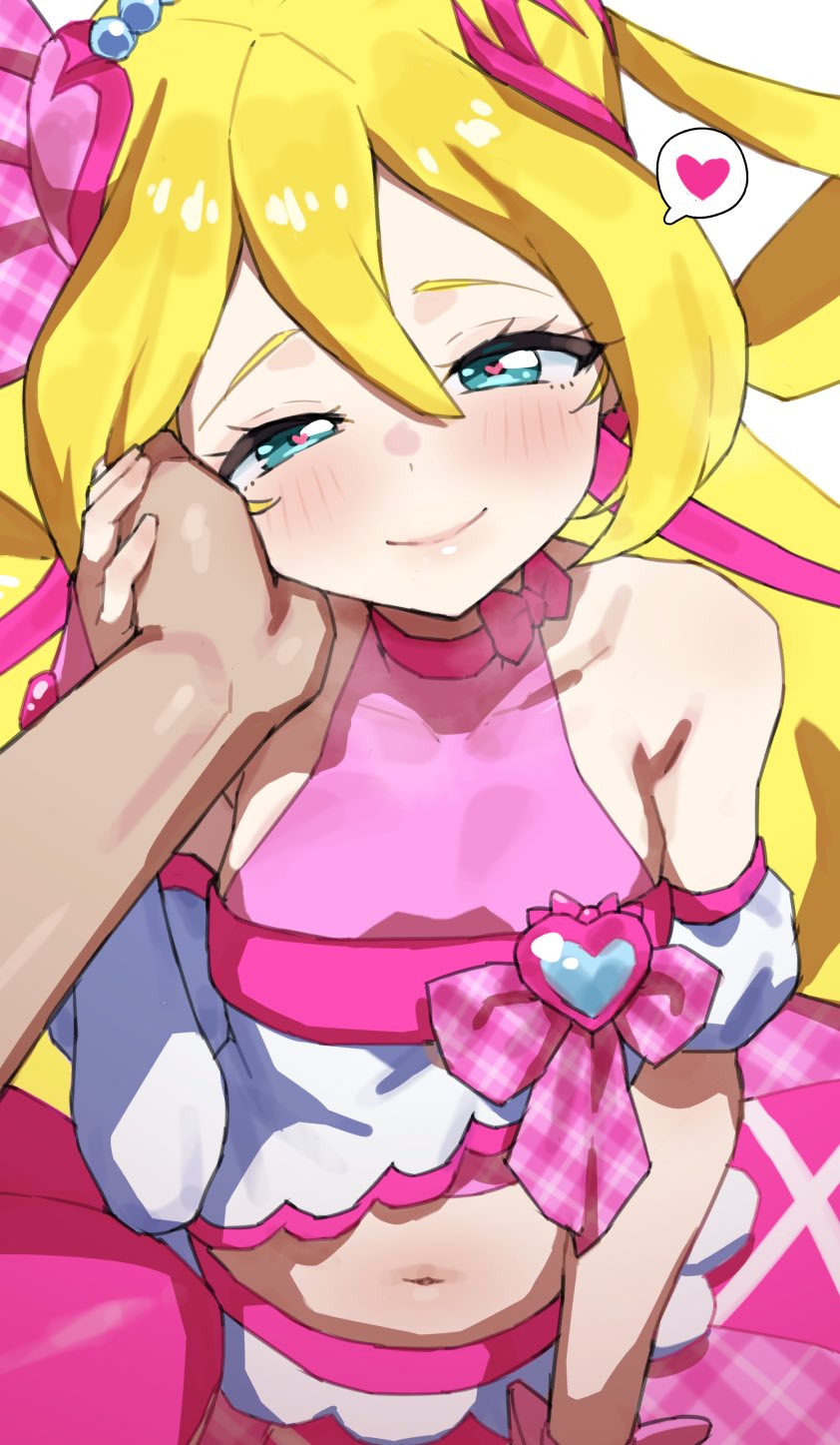 mo (boo1719501boo), cure idol, sakura uta (precure), kimi to idol precure, precure, commentary request, highres, 1boy, 1girl, bare shoulders, blonde hair, blue eyes, bow, bow choker, breasts, choker, closed mouth, crop top, detached sleeves, hair between eyes, hair ornament, hair ribbon, hand on another's cheek, hand on another's face, hand on another's hand, heart, heart-shaped hair, heart hair ornament, heart in eye, idol heart brooch (precure), long hair, looking at viewer, magical girl, midriff, multicolored hair, navel, pink bow, pink choker, pink hair, pink ribbon, pink shirt, pink skirt, plaid ribbon, pov, pov hands, puffy detached sleeves, puffy sleeves, ribbon, shirt, skirt, small breasts, smile, solo focus, speech bubble, spoken heart, streaked hair, symbol in eye, two-tone hair, white sleeves