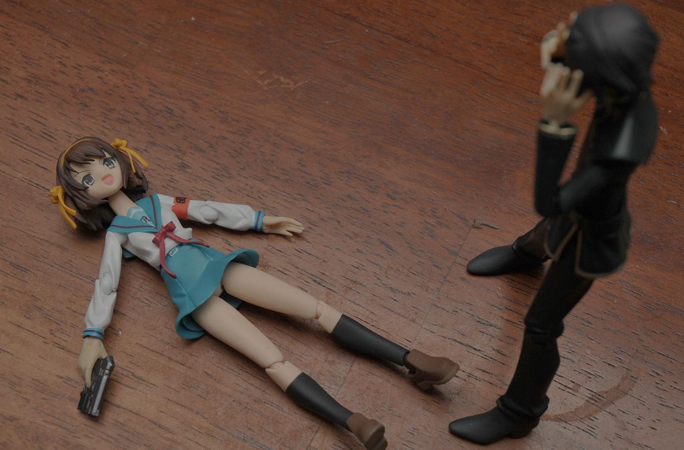 lelouch vi britannia, suzumiya haruhi, code geass, figma, suzumiya haruhi no yuuutsu, photo (medium), bad end, crossover, figure, figure (medium), panties, pantyshot, parody, school uniform, serafuku, underwear