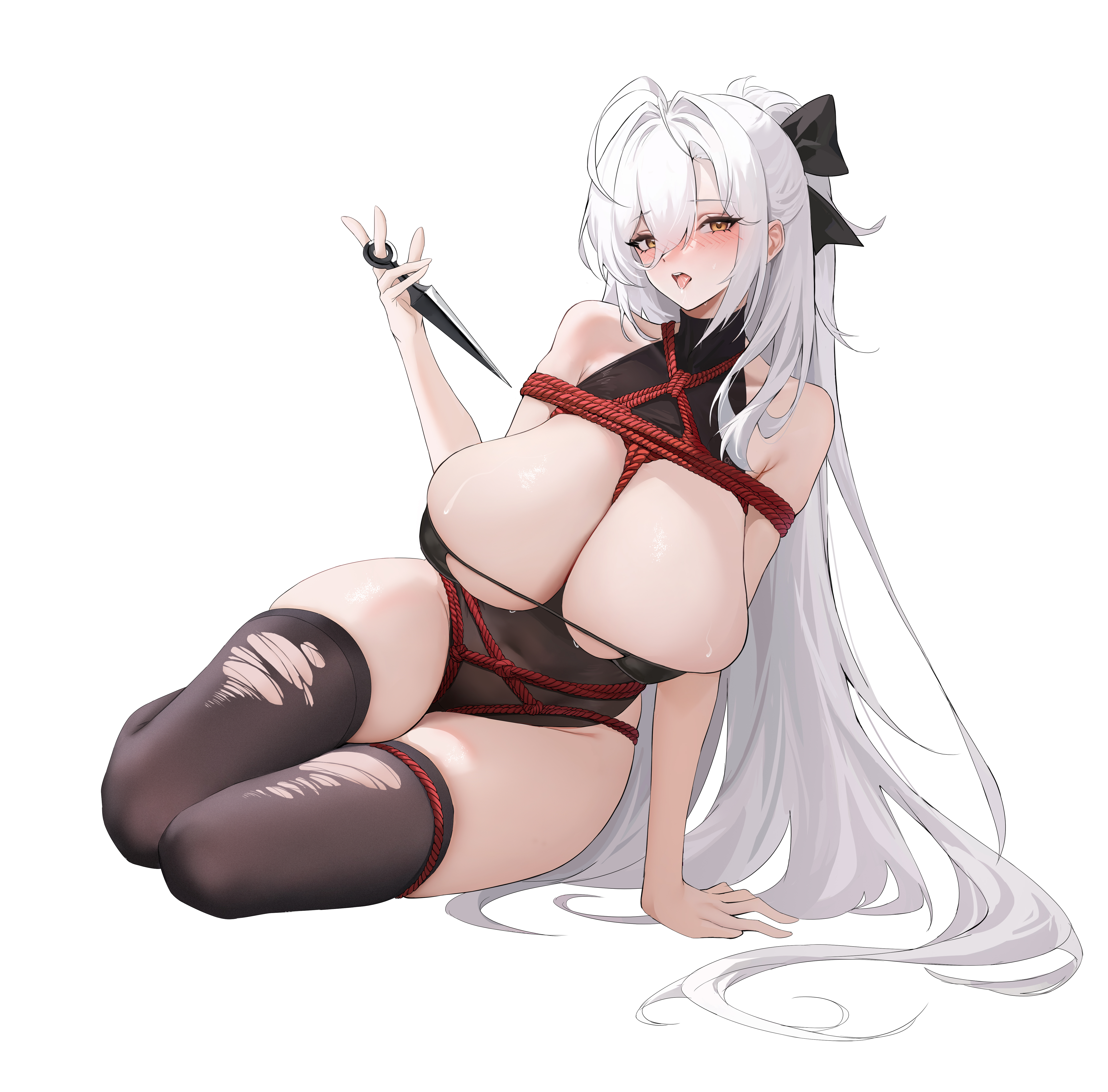 yuuri vv, hakuhou (azur lane), hakuhou (floral ninja roleplay) (azur lane), azur lane, absurdres, commentary request, highres, 1girl, ahoge, arm support, bdsm, black bow, black leotard, black thighhighs, blush, bound, bow, breasts, cleavage cutout, clothing cutout, covered navel, hair between eyes, hair bow, hair intakes, holding, holding kunai, holding weapon, huge breasts, kunai, leotard, long hair, looking at viewer, official alternate costume, open mouth, ponytail, saliva, shibari, shibari over clothes, simple background, solo, sweat, thighhighs, tongue, tongue out, torn clothes, torn thighhighs, very long hair, weapon, white background, white hair, yellow eyes