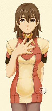miyuki itsumi, xenosaga, uniform, lowres, 00s, 1girl, brown eyes, brown hair, female focus, pantyhose, simple background, smile, solo, watermark