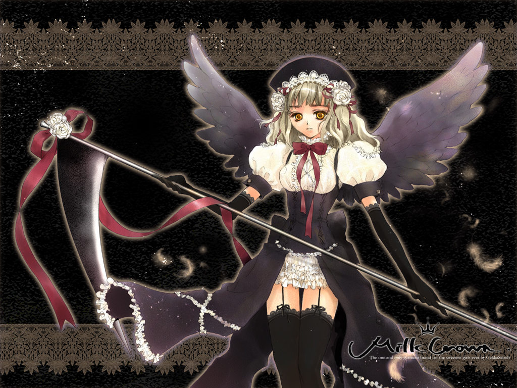 kuramoto kaya, tagme, ribbon, scythe, solo, thighhighs, wings