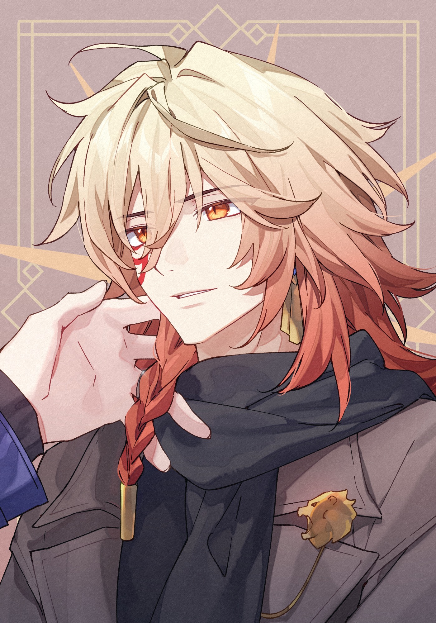 mydei (honkai: star rail), phainon (honkai: star rail), phainon (luckin coffee) (honkai: star rail), honkai: star rail, honkai (series), chinese commentary, commentary request, highres, 2boys, black scarf, black shirt, blonde hair, braid, brown coat, coat, earrings, ededdsed, facial tattoo, gold earrings, gradient hair, jewelry, male focus, medium hair, multicolored hair, multiple boys, red hair, red tattoo, scarf, shirt, side braid, solo focus, tattoo, yellow eyes