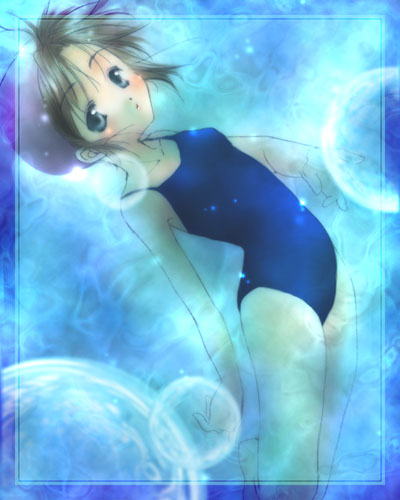 akira hayase, hayase akira, lowres, md5 mismatch, 1girl, black hair, blue eyes, border, bubble, female focus, one-piece swimsuit, short hair, solo, swimsuit