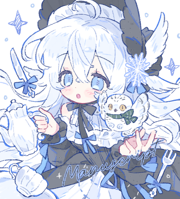original, 1girl, :o, ahoge, bare shoulders, bird, black bow, black dress, blue eyes, blush, bonnet, bow, cup, dress, fork, hair between eyes, holding, long hair, long sleeves, ribbon, shuangtangsonji, simple background, snowflakes, solo, teacup, teapot, watermark, white background, white hair