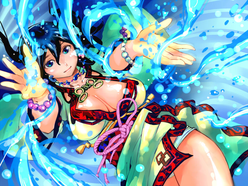 igarashi mangou, yaoyorozu, 1girl, beads, blue eyes, blue hair, bracelet, breasts, cleavage, dutch angle, female focus, huge breasts, japanese clothes, jewelry, large breasts, long hair, lowleg, lowleg panties, magatama, magic, matching hair/eyes, necklace, no bra, obi, outstretched hand, panties, pantyshot, rope, sash, smile, solo, underwear, water, white panties