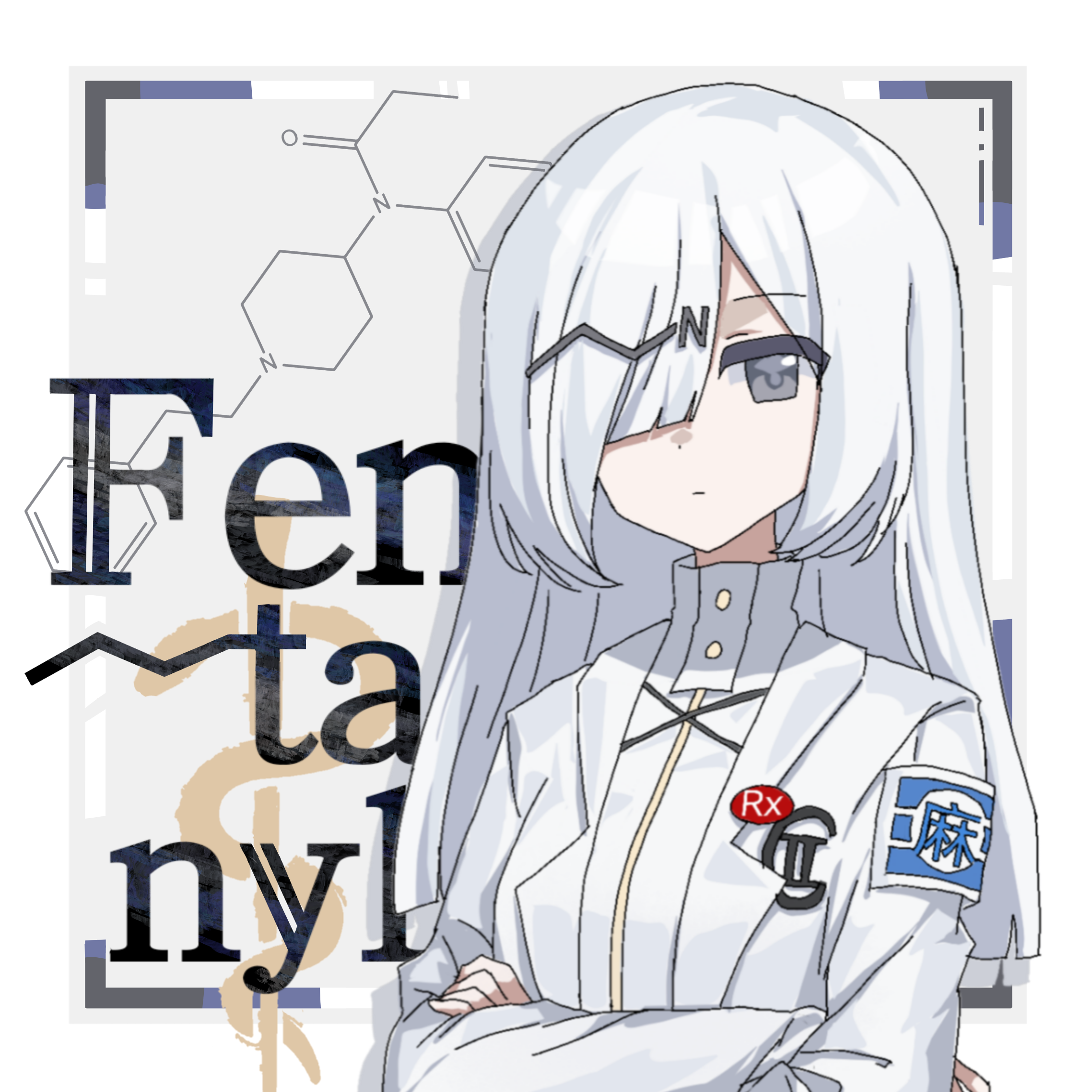 phonetik, original, highres, 1girl, badge, character name, chemical structure, closed mouth, crossed arms, drugs, english text, fentanyl, grey eyes, hair ornament, hair over one eye, lab coat, lapels, letter hair ornament, long hair, looking at viewer, medicine, personification, product girl, shirt, white hair, white shirt