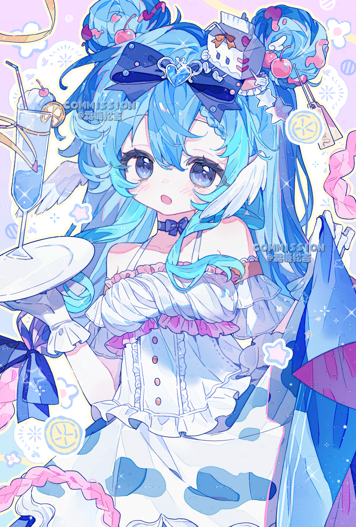 original, highres, 1girl, blue bow, blue eyes, blue hair, bow, choker, dress, food, gloves, hair bow, hair bun, holding, long hair, looking at viewer, open mouth, shuangtangsonji, solo, watermark, white gloves
