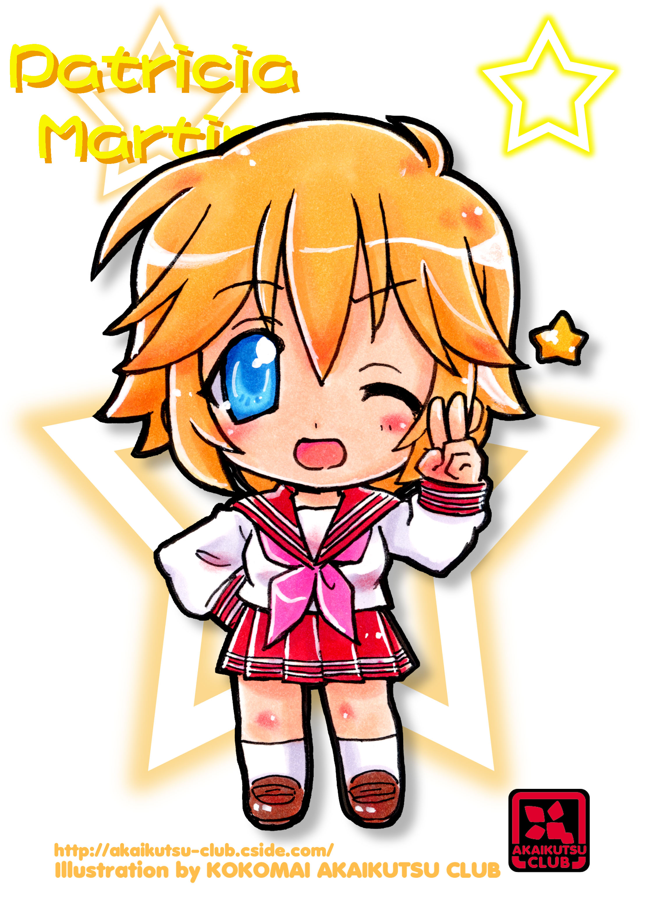 kokomahi, patricia martin, lucky star, absurdres, commentary request, highres, 1girl, artist name, blonde hair, blue eyes, brown shoes, character name, chibi, chibi only, circle name, full body, hand on own hip, hand up, loafers, looking at viewer, medium hair, neckerchief, one eye closed, pink neckerchief, pleated skirt, red sailor collar, red skirt, ryouou school uniform, sailor collar, school uniform, serafuku, shirt, shoes, skirt, solo, standing, star (symbol), v, watermark, web address, white shirt