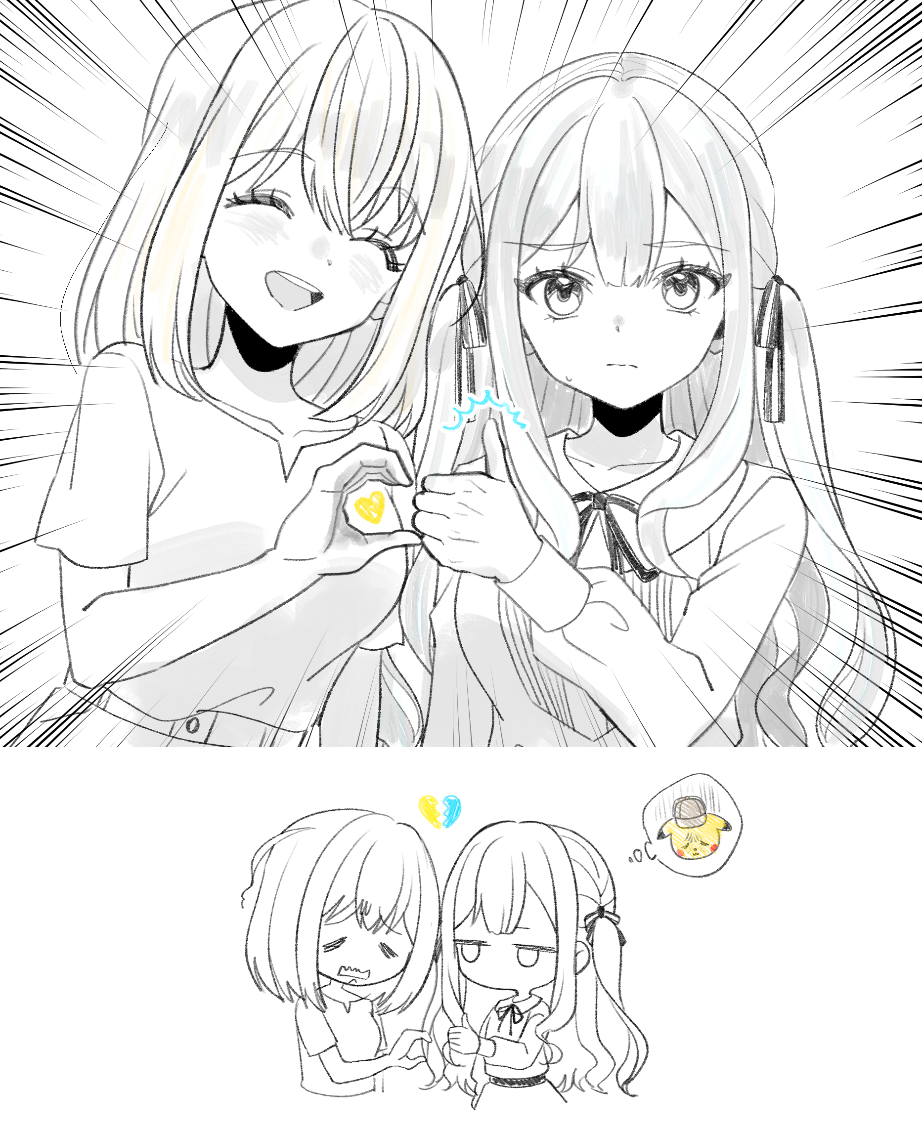 ccc cloudy, misumi uika, pikachu, togawa sakiko, bang dream!, bang dream! it's mygo!!!!!, nintendo, pokemon, commentary, highres, 2girls, blush, closed eyes, closed mouth, gen 1 pokemon, greyscale, heart hands failure, long hair, medium hair, monochrome, multiple girls, neck ribbon, open mouth, ribbon, shirt, sidelocks, spot color, sweatdrop, teeth, thumbs up, upper teeth only