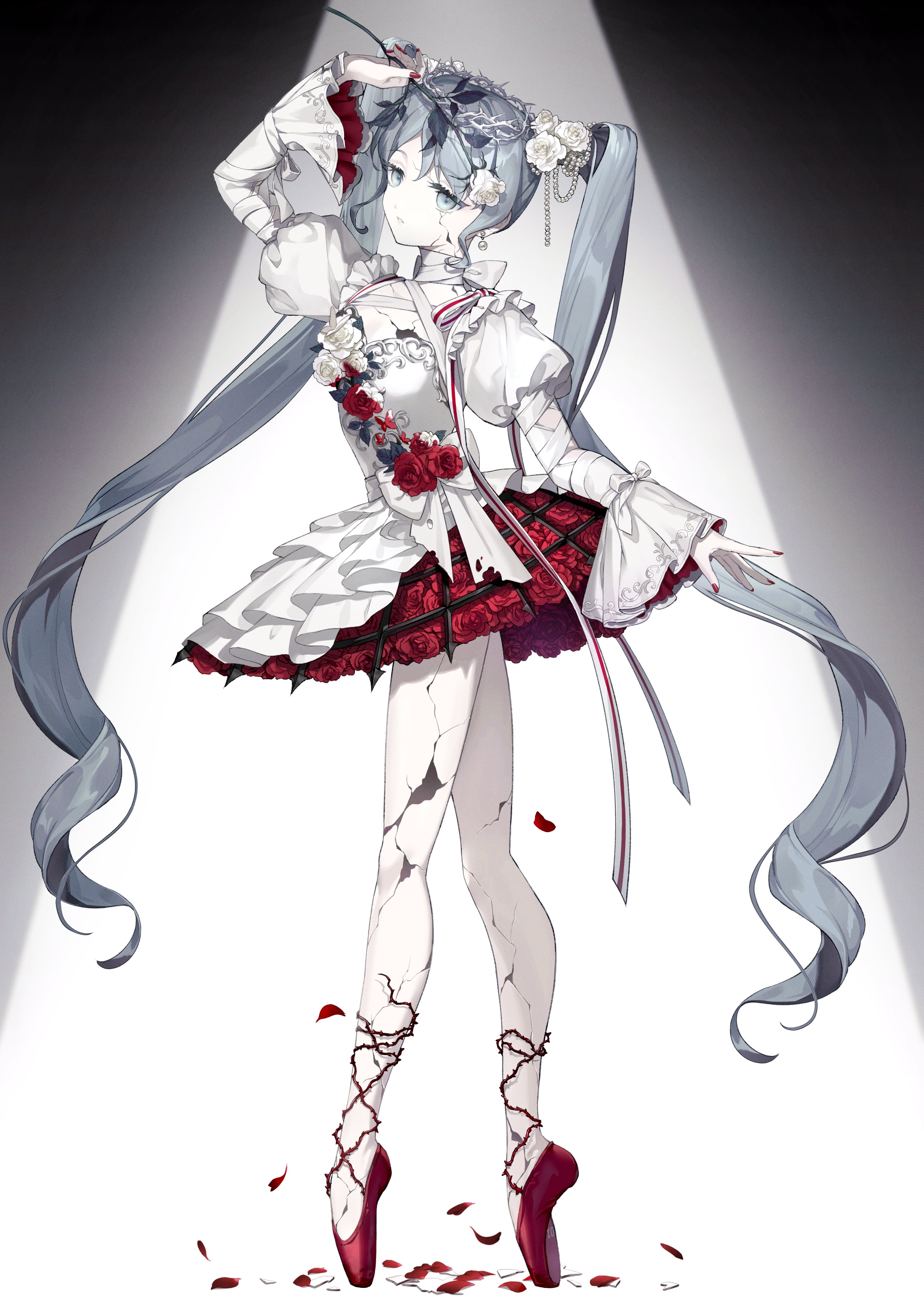 hatsune miku, vocaloid, absurdres, highres, 1girl, aqua eyes, aqua hair, ballerina, crown of thorns, flower, long hair, pearl hair ornament, porcelain, rose, solo, thorns, twintails, very long hair