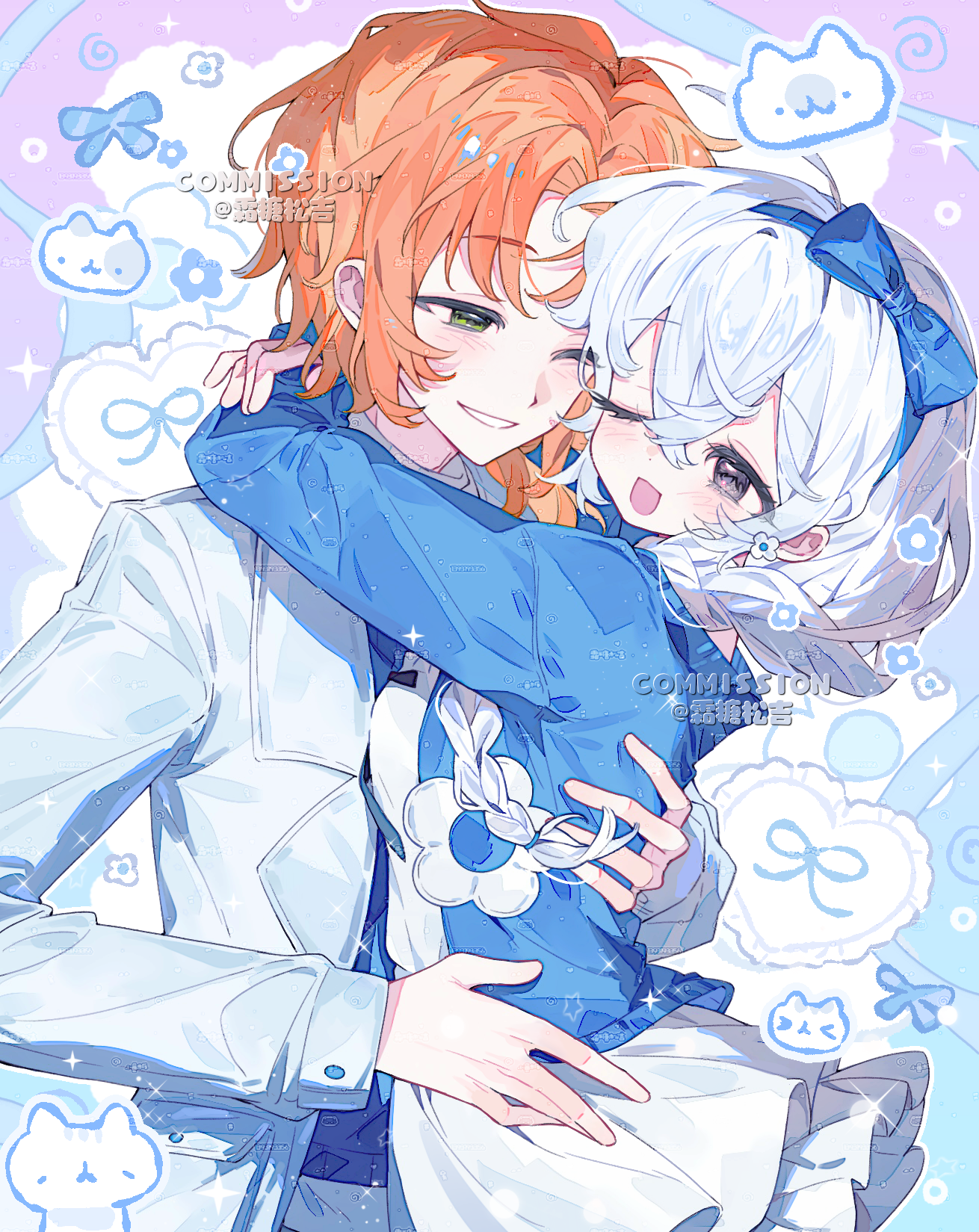 original, highres, 1boy, 1girl, blue bow, blue shirt, blush, bow, braid, green eyes, hair bow, hairband, hug, long hair, long sleeves, looking at another, one eye closed, open mouth, orange hair, shirt, shuangtangsonji, smile, watermark, white hair