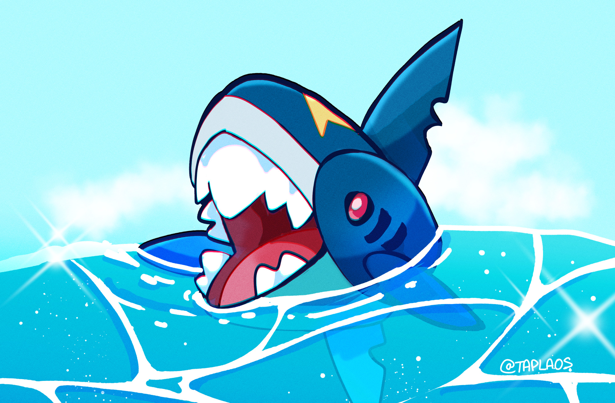 taplaos, sharpedo, nintendo, pokemon, highres, artist name, day, gen 3 pokemon, no humans, open mouth, outdoors, pokemon (creature), solo, teeth, water