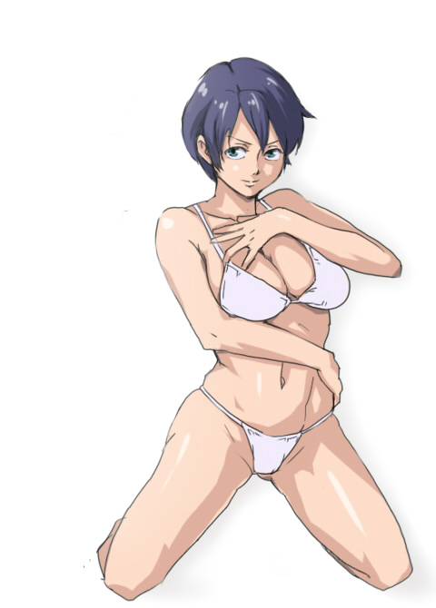 mineji, bad id, bad pixiv id, 1girl, bikini, blue hair, breasts, female focus, kneeling, large breasts, short hair, solo, swimsuit, white bikini