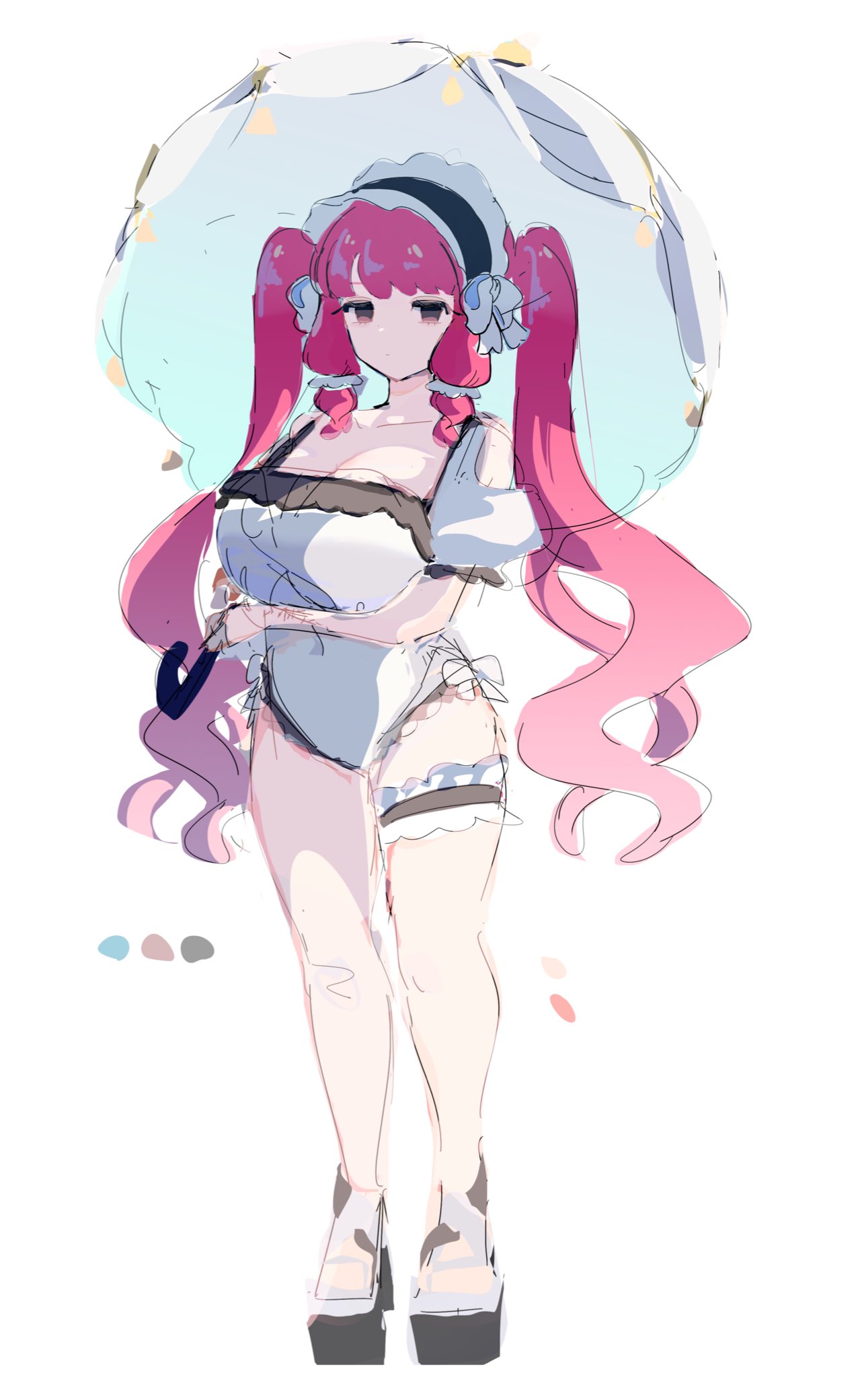 osakana (kitasisn), original, commentary request, highres, 1girl, bow, breasts, brown eyes, closed mouth, clothing cutout, color guide, expressionless, frilled hairband, frilled one-piece swimsuit, frilled thigh strap, frills, full body, gothic lolita, gradient eyes, hairband, holding, holding umbrella, jitome, large breasts, lolita fashion, lolita hairband, long hair, low-tied sidelocks, multicolored eyes, one-piece swimsuit, pink hair, platform sandals, puffy short sleeves, puffy sleeves, sandals, short sleeves, shoulder cutout, sidelocks, simple background, sketch, solo, standing, swept bangs, swimsuit, thigh strap, twintails, umbrella, very long hair, wavy hair, white background, white bow, white one-piece swimsuit