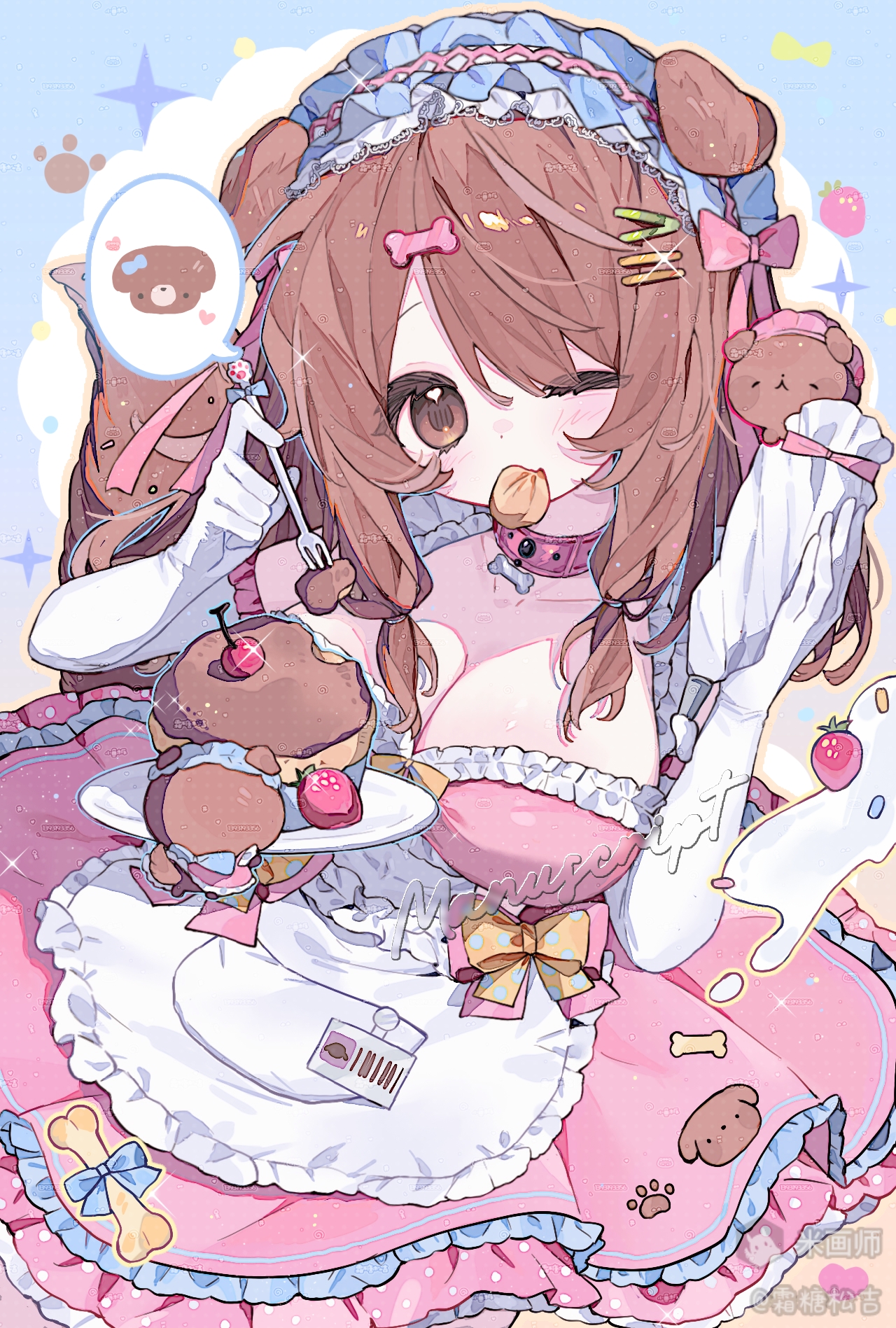 original, highres, 1girl, animal ears, apron, bow, breasts, brown eyes, brown hair, cleavage, collar, dog ears, dress, elbow gloves, food, fork, frilled dress, frills, fruit, gloves, hair ornament, hairband, hairclip, holding, large breasts, long hair, looking at viewer, maid, maid headdress, one eye closed, pink bow, pink dress, plate, shuangtangsonji, solo, strawberry, virtual youtuber, watermark, white gloves